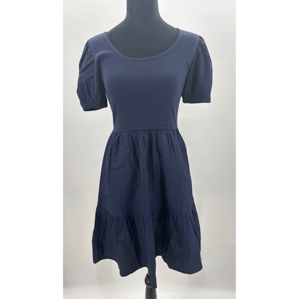 J.Crew Factory Navy Blue Puff Sleeve Mixed Media Tiered Mini Dress siz XXS CN233